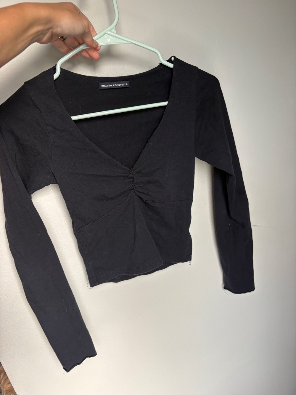 Brandy Melville Black Ruched V-Neck Long Sleeve Crop Top